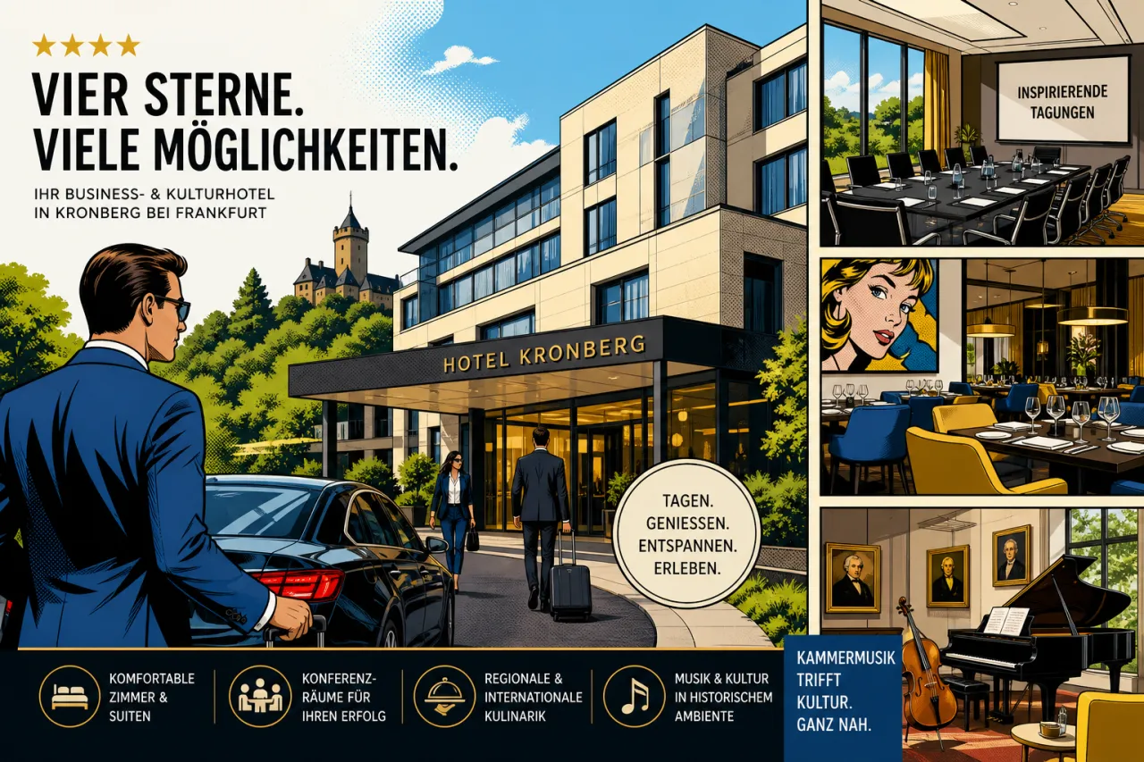 Hotelgebäude in Kronberg mit Hinweisen auf Tagungsräume und den Standort nahe Frankfurt