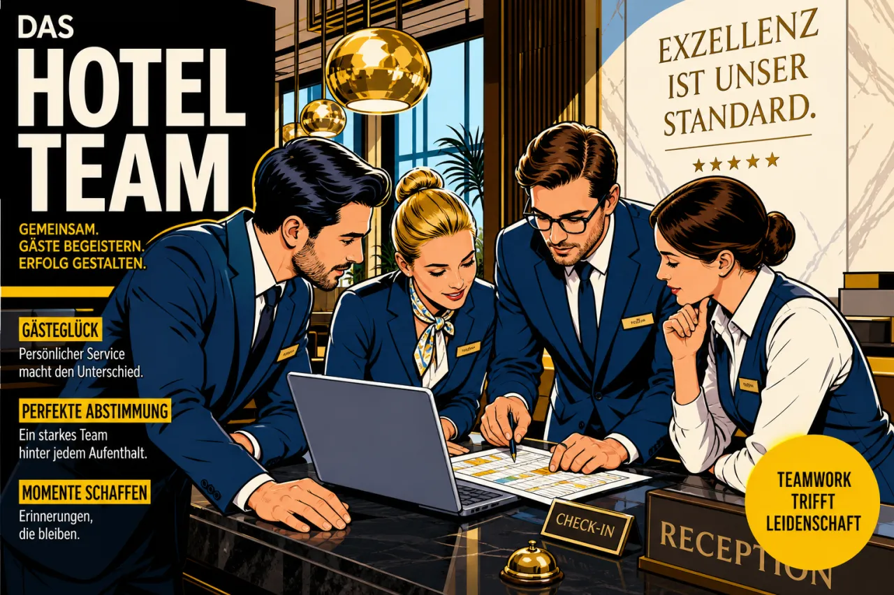 Hotelteam bespricht sich an der Rezeption mit Laptop und Dienstplan