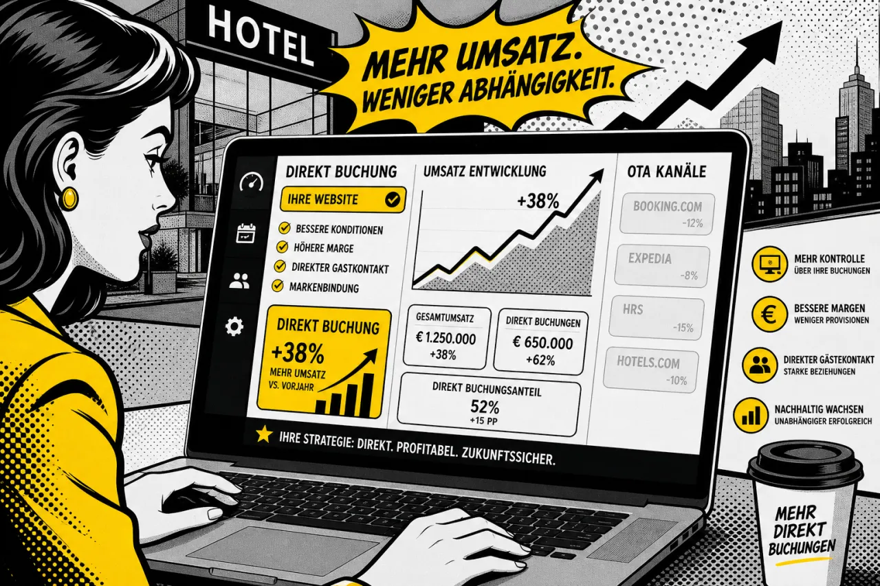 Hotel-Buchungsmaske auf Laptop-Bildschirm mit steigendem Umsatzgraph und hervorgehobenem Direktbuchungskanal