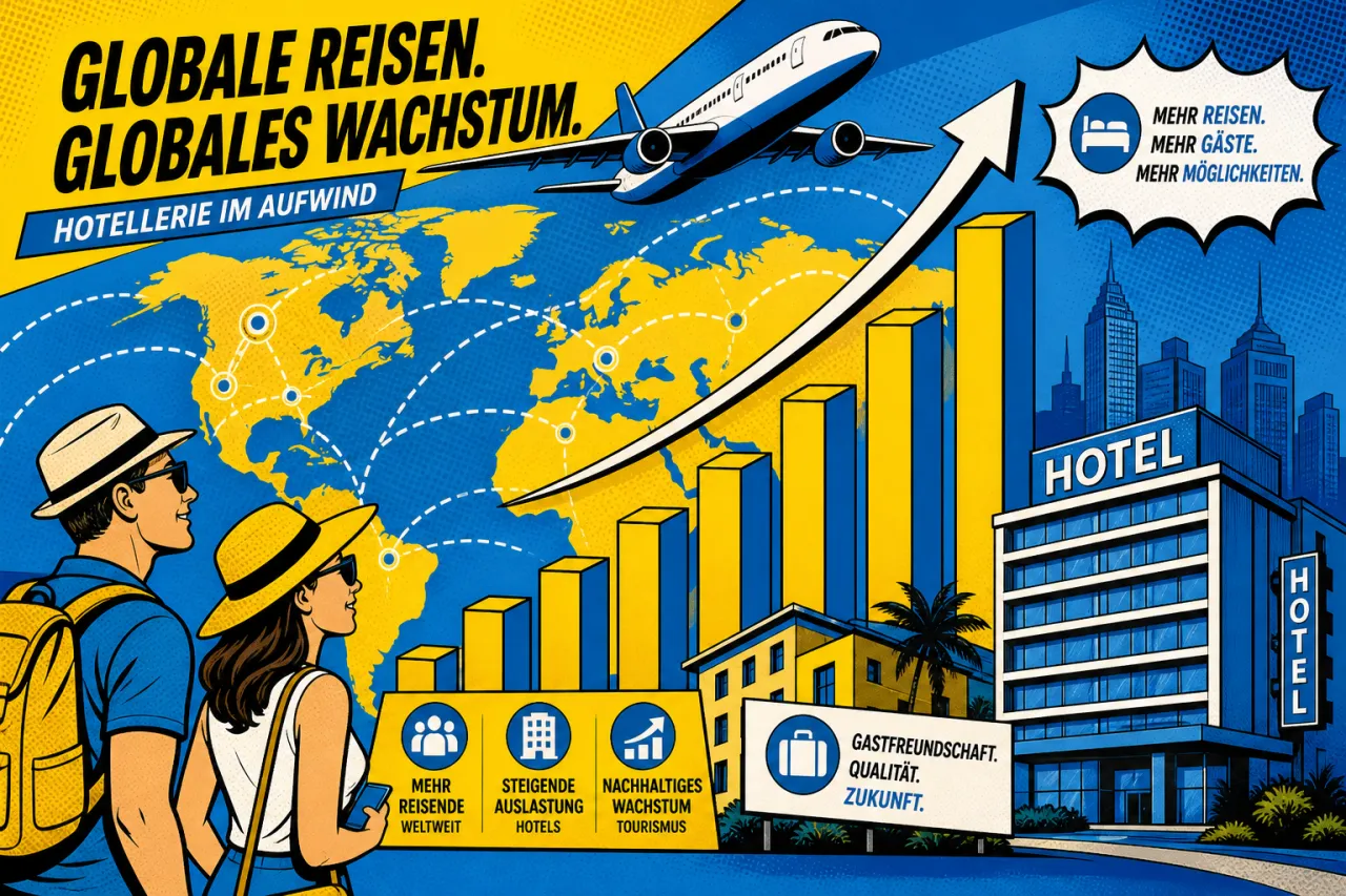 Grafische Darstellung globaler Tourismuswachstums mit Fluglinien, Balkendiagrammen und Hotelsymbolen auf Weltkarte