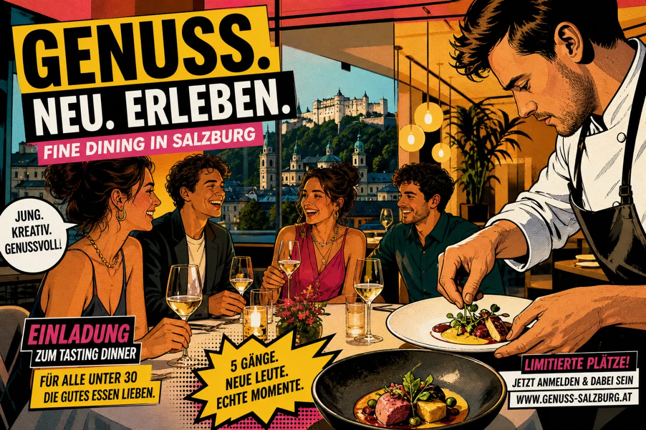 Ein modern gedeckter Restauranttisch mit feinem Geschirr und warmem Licht in Salzburg