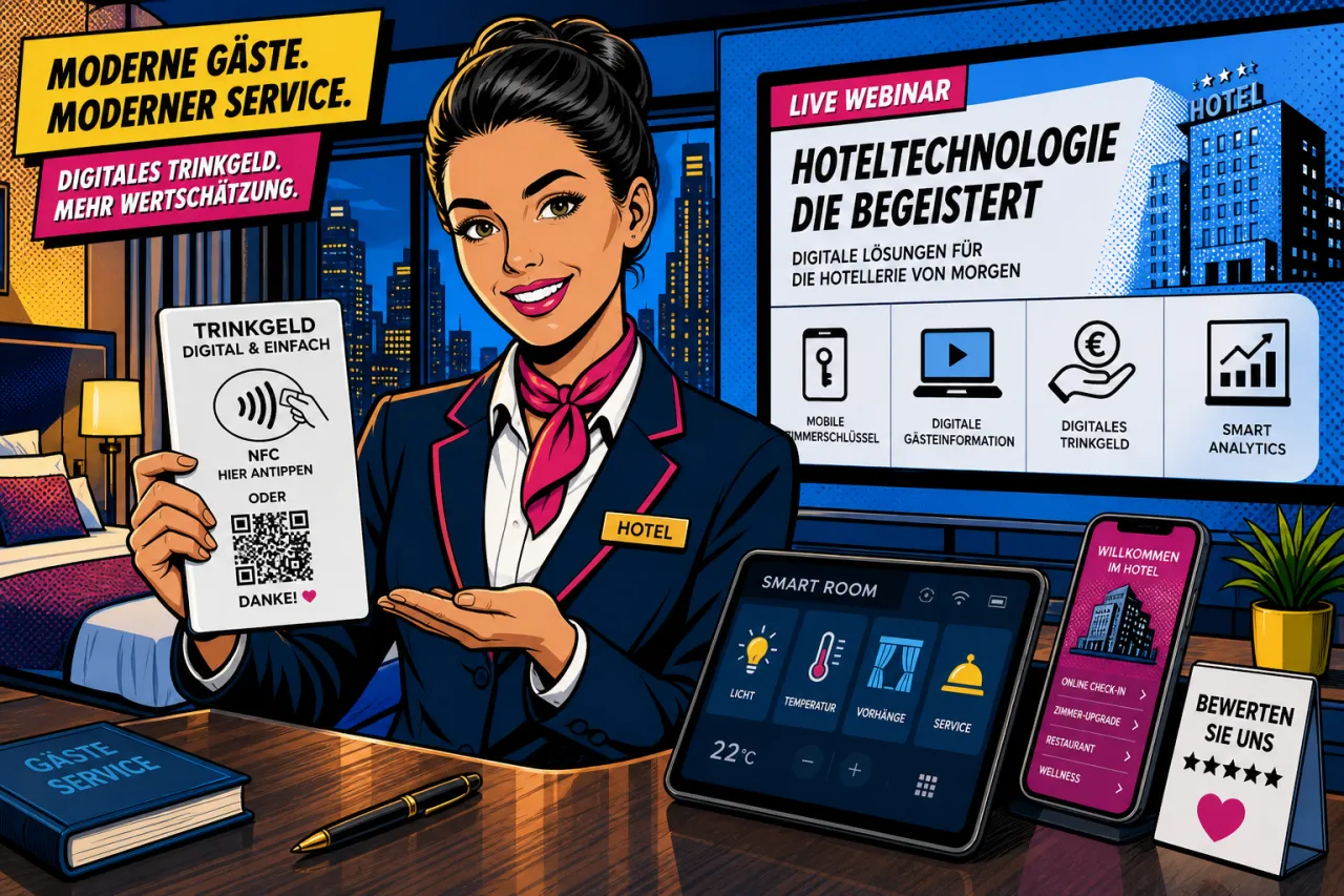 Hotelmitarbeiter hält ein Smartphone neben einen QR-Code-Aufsteller an der Rezeption