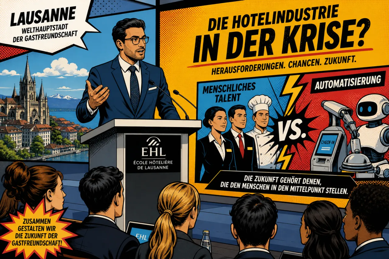 Achim Schmitt spricht auf einer Bühne vor Hotelfachpublikum in Lausanne