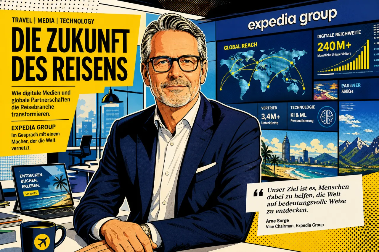 Bill Watkins in einem Geschäftssetting vor Expedia-Branding oder digitalem Werbeumfeld