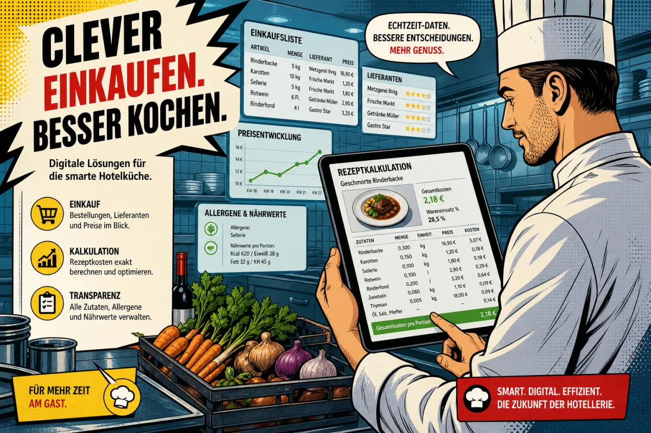 Küchenchef prüft Rezeptkosten auf einem Tablet neben Einkaufslisten und Zutaten