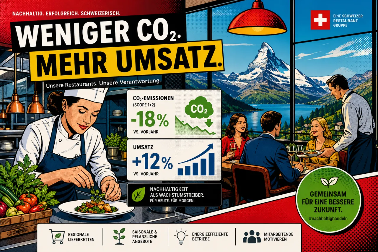 Restaurantbetrieb mit Gästen, Küchenpersonal und sichtbaren Nachhaltigkeitskennzahlen im Hintergrund