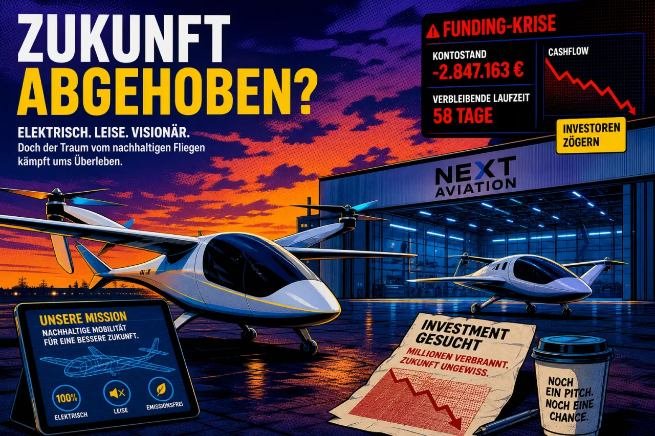 Zwei kleine Elektroflugzeuge vor einem Hangar bei Dämmerung