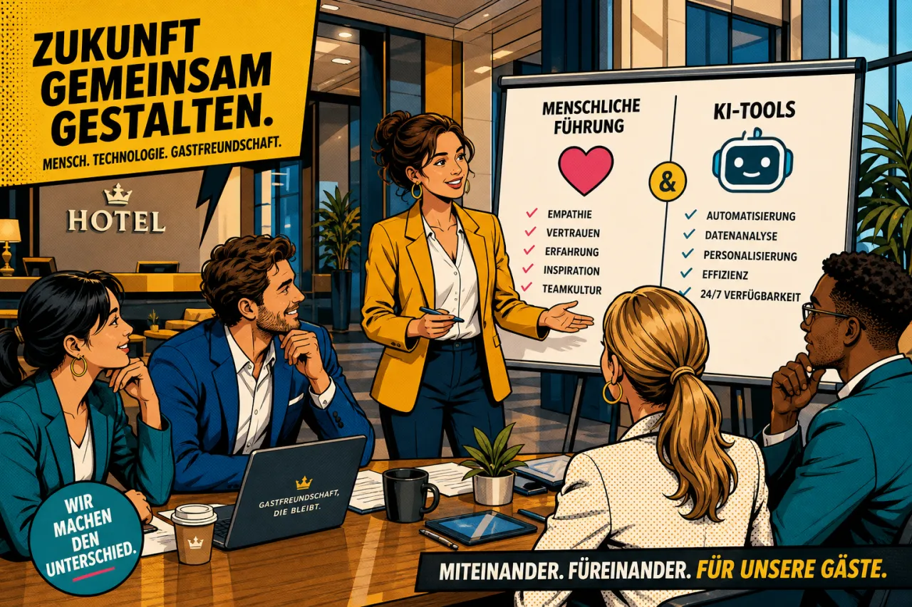 Hotel-Team im Gespräch mit einer Führungskraft in einer modernen Lobby