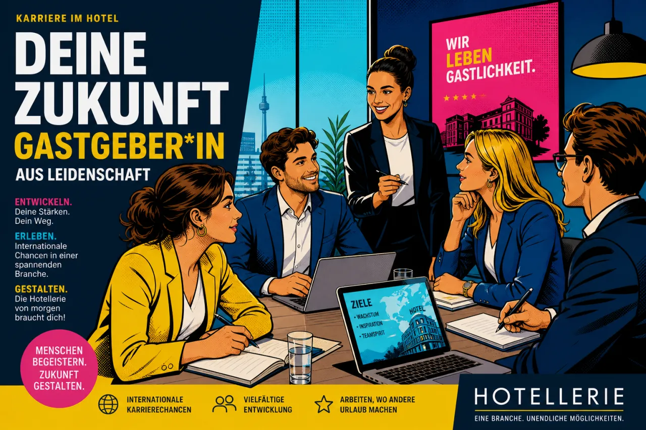 Junge Hospitality-Profis in einer Gesprächsrunde vor Laptop und Notizen