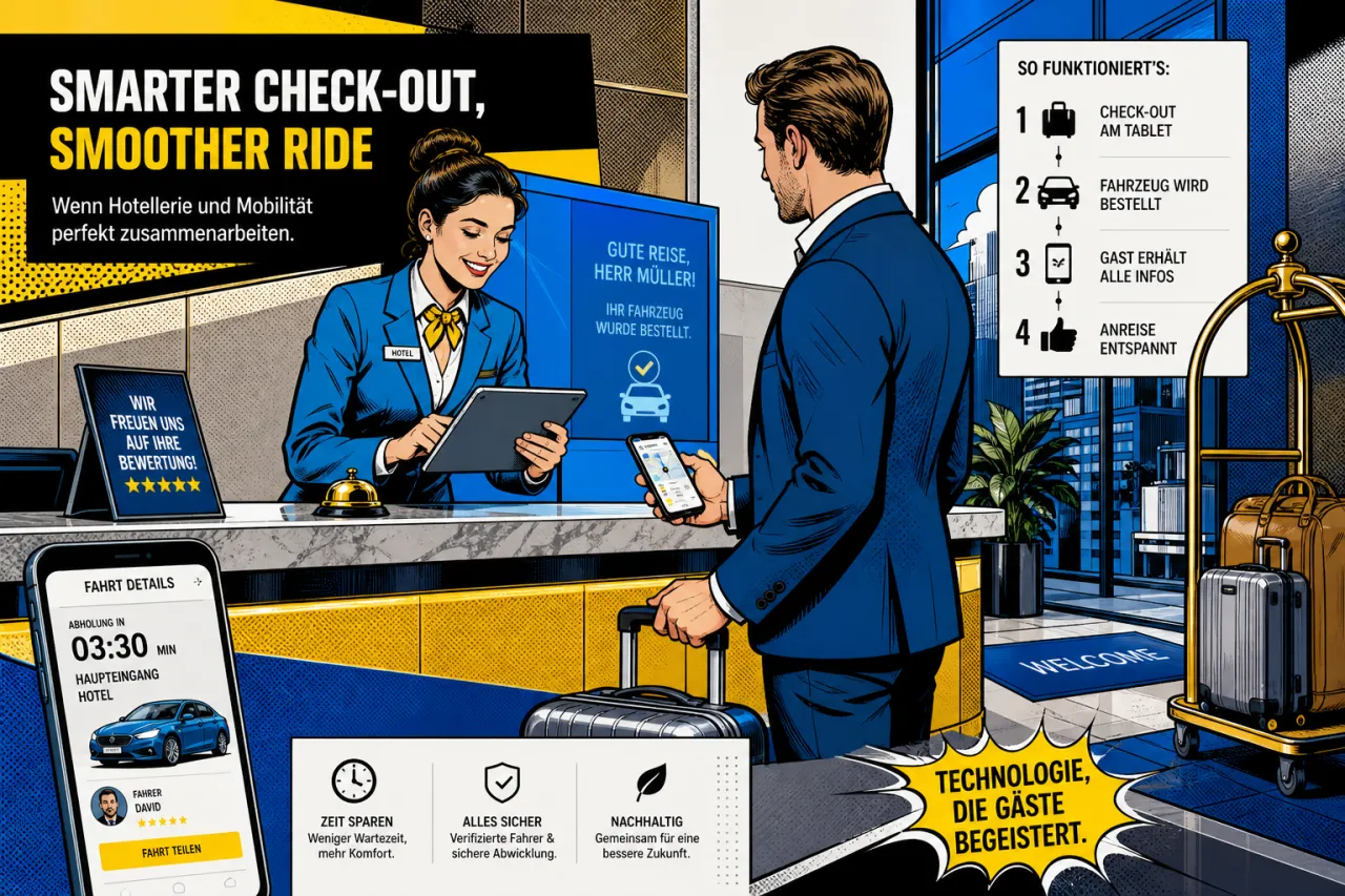 Hotelrezeption mit Smartphone und Transferbuchung, daneben ein Fahrdienst-Konzept für Gäste