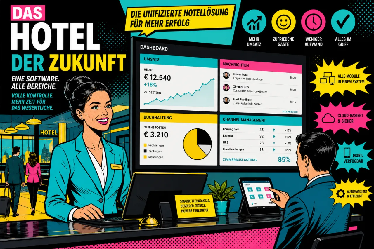 Hotel-Front-Office mit mehreren digitalen Systemen auf Monitoren und Tablet