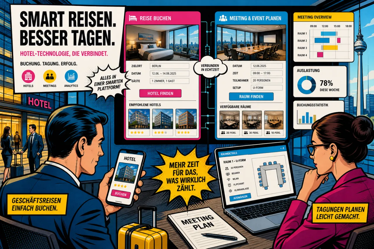 Digitale Buchungsoberfläche für Firmenreisen und Meetingräume auf mehreren Bildschirmen
