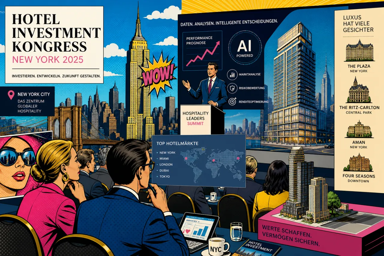 Konferenzszene mit Hotelinvestoren, Präsentationsscreens und Notizblöcken