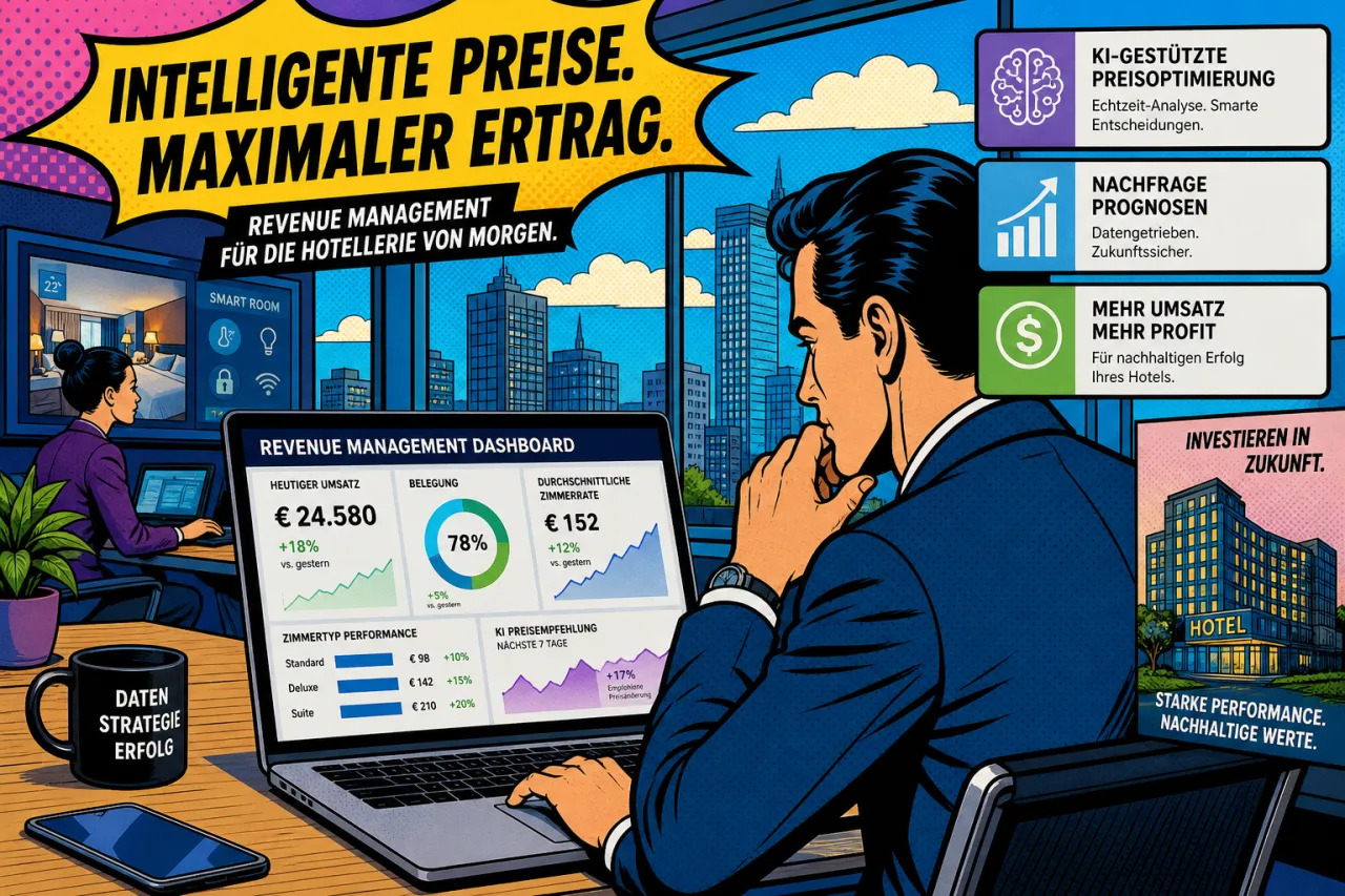 Laptop mit Hotel-Preisdashboard und Diagrammen in einem modernen Büro