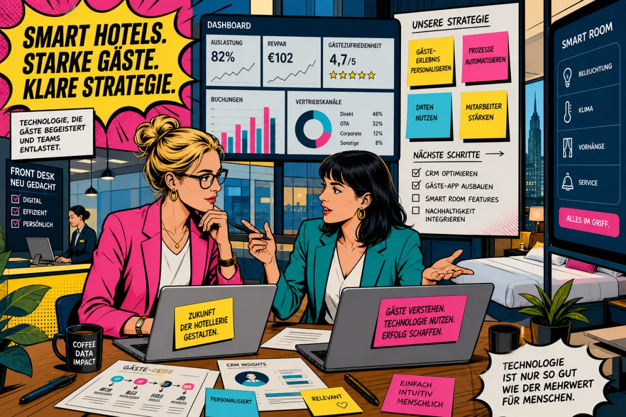Zwei Frauen sprechen über Produktmanagement in einem Hotel-Tech-Kontext vor Laptop und Notizen