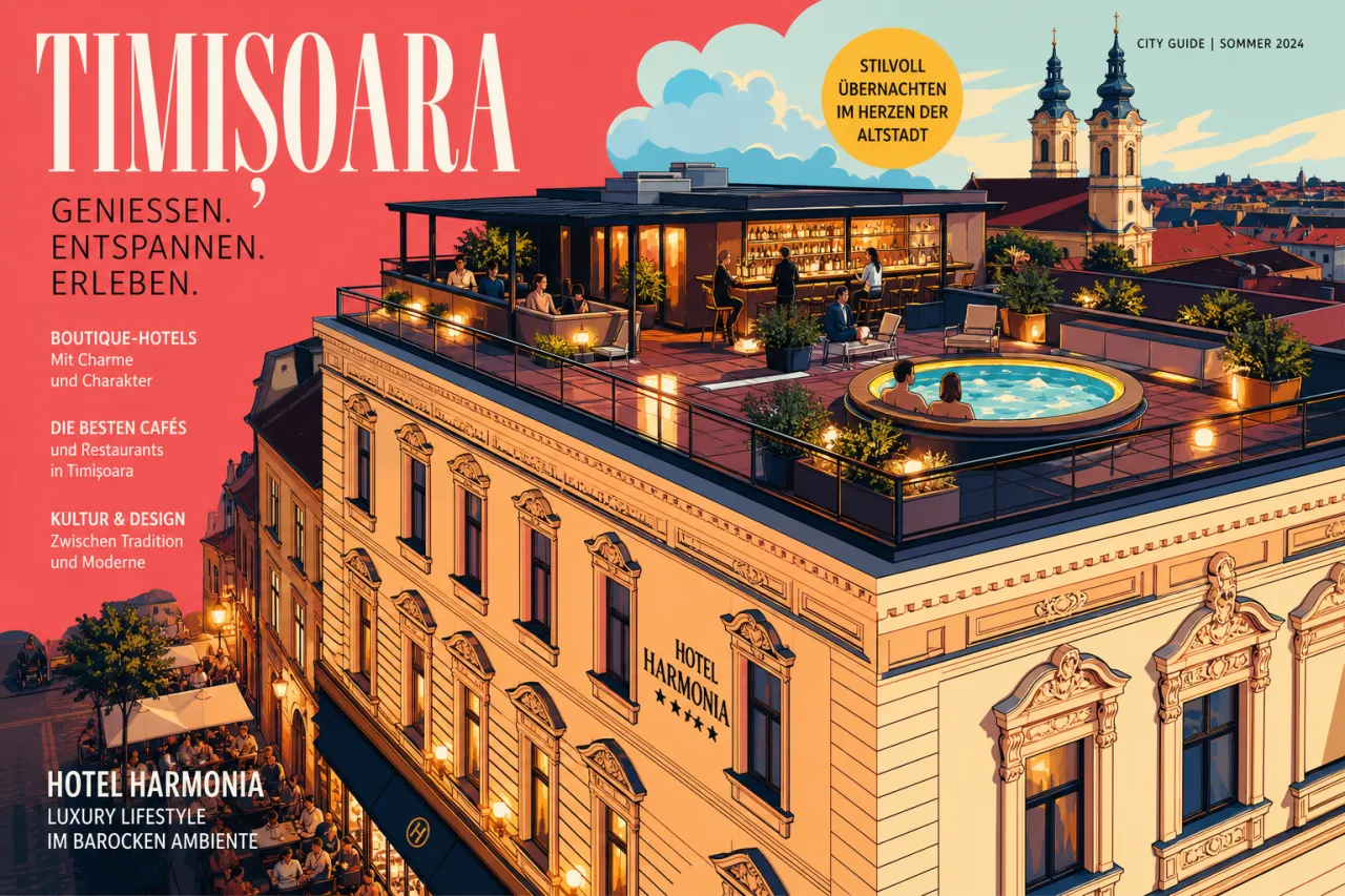 Fassade eines Lifestyle-Hotels in der Altstadt von Timișoara mit urbaner Abendstimmung