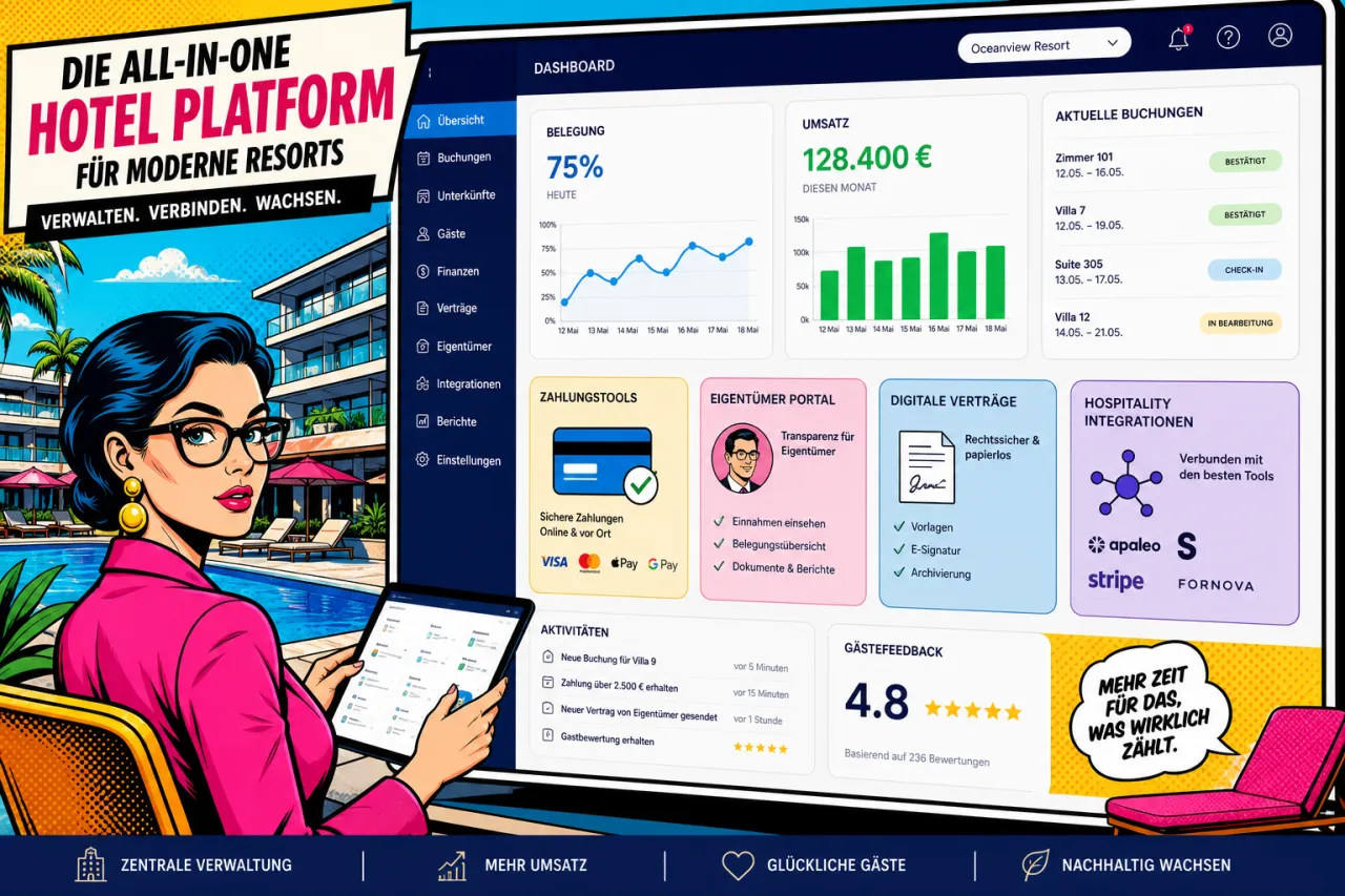 PMS-Dashboard für Resorts mit Zahlungsübersicht, Owner-Portal und Integrationssymbolen