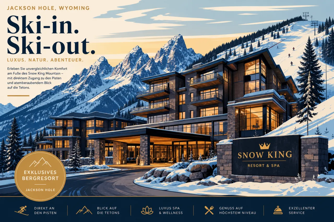 Modernes Berghotel am Snow King Mountain mit Chalet-Optik und Blick auf die Tetons