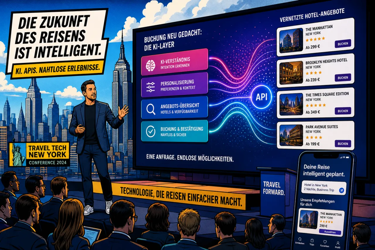 Fahim Khan spricht auf einer Bühne über KI, Reisebuchung und API-Infrastruktur