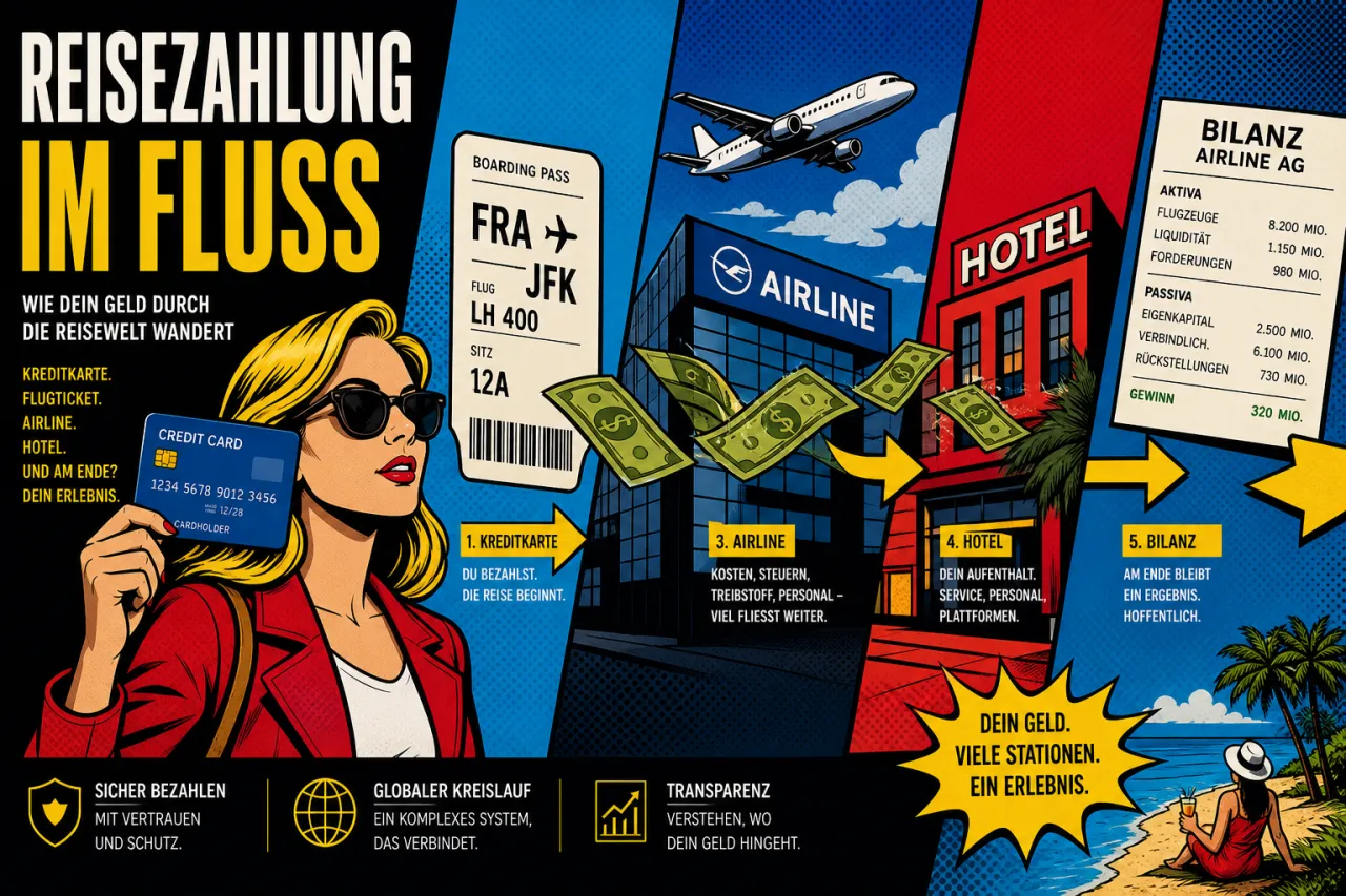 Eine Kreditkarte liegt neben einem Flugticket und einem Taschenrechner