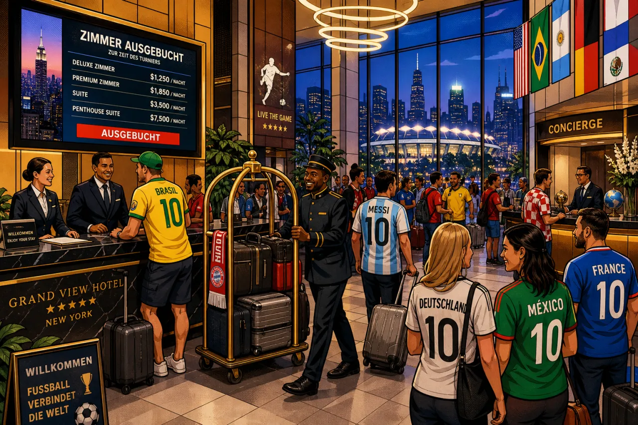 Illustration: Luxushotel-Lobby mit Fußball-Fans in verschiedenen Länder-Trikots, Concierge-Schalter, Zimmerpreise-Tafel und Blick auf nächtliche Skyline mit Stadion.