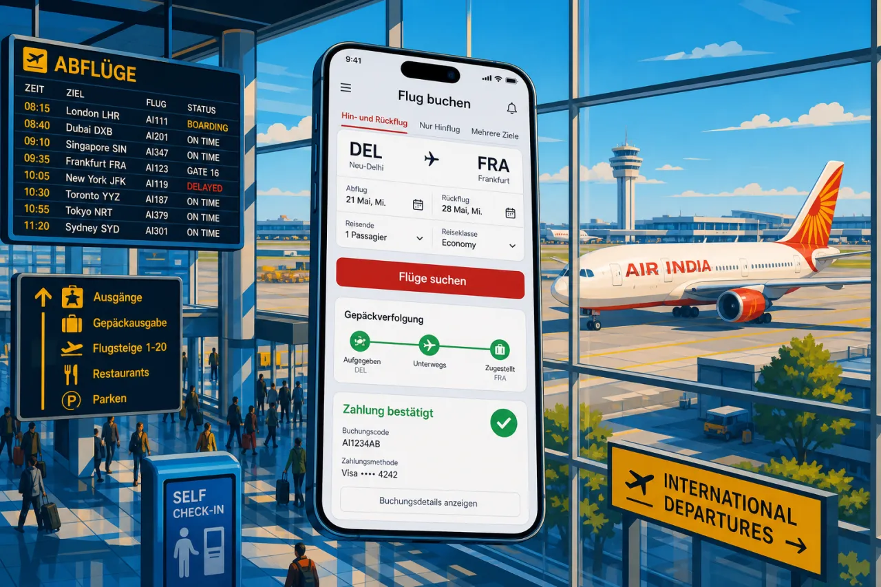 Illustration: Air-India-Flugbuchungs-App auf Smartphone zeigt Flugsuche von Delhi zu Frankfurt mit Abflugdatum, Passagierzahl und Reiselasse, im Hintergrund Flughafen mit Abflugstafel und Air-India-Flugzeug.