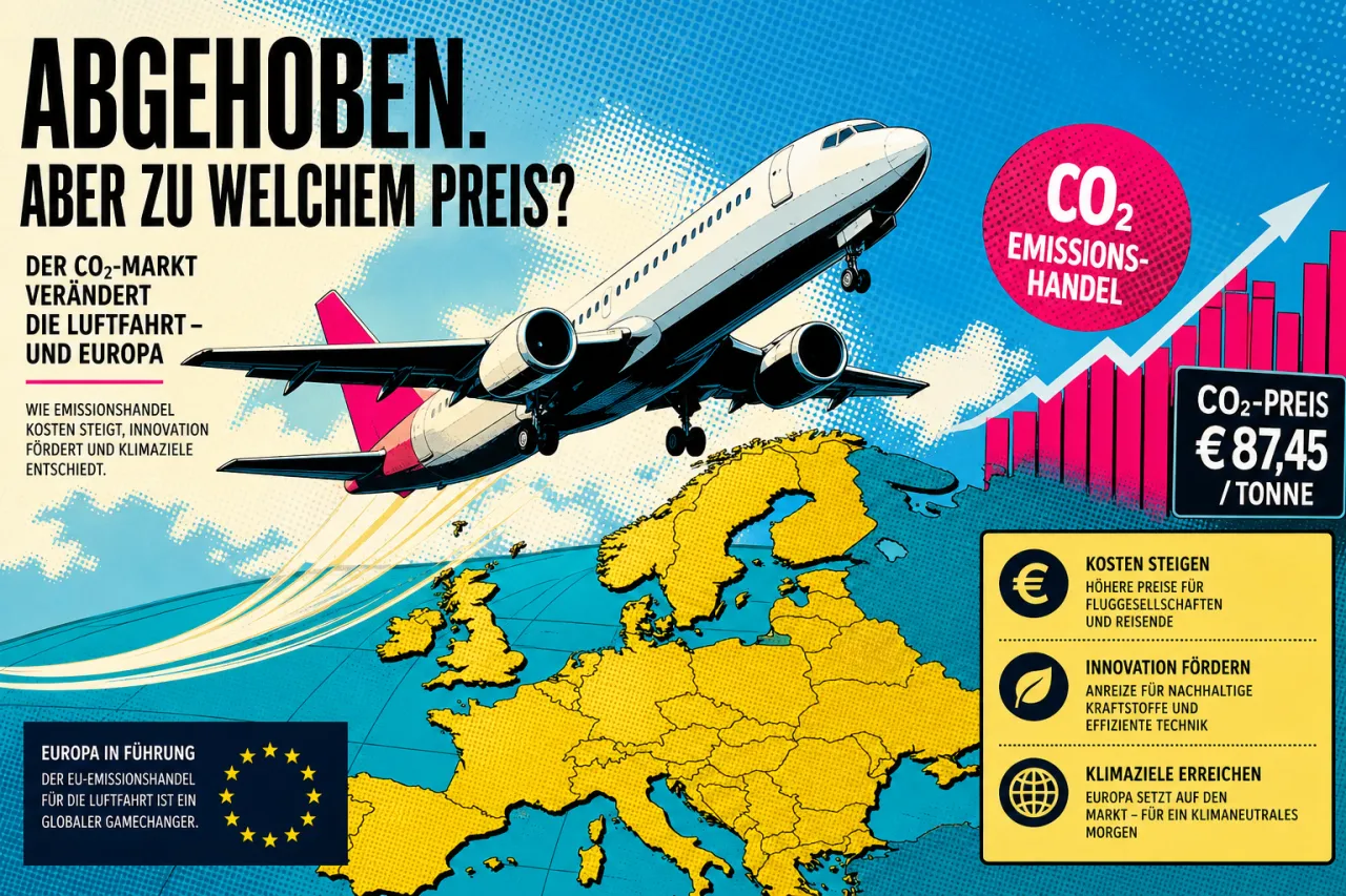 Flugzeug startet bei Sonnenuntergang über einem europäischen Flughafen