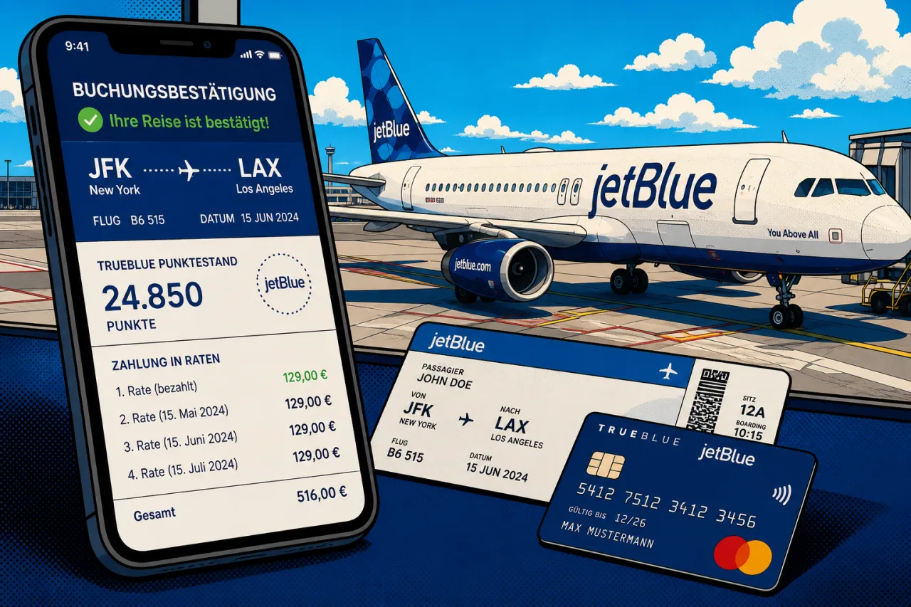 Illustration: JetBlue Buchungsbestätigung auf Smartphone mit Flugdetails New York nach Los Angeles, Treuepunkte und Ratenzahlungsoptionen, daneben Bordkarte und Kreditkarte vor gepartem Flugzeug auf Rollfeld.