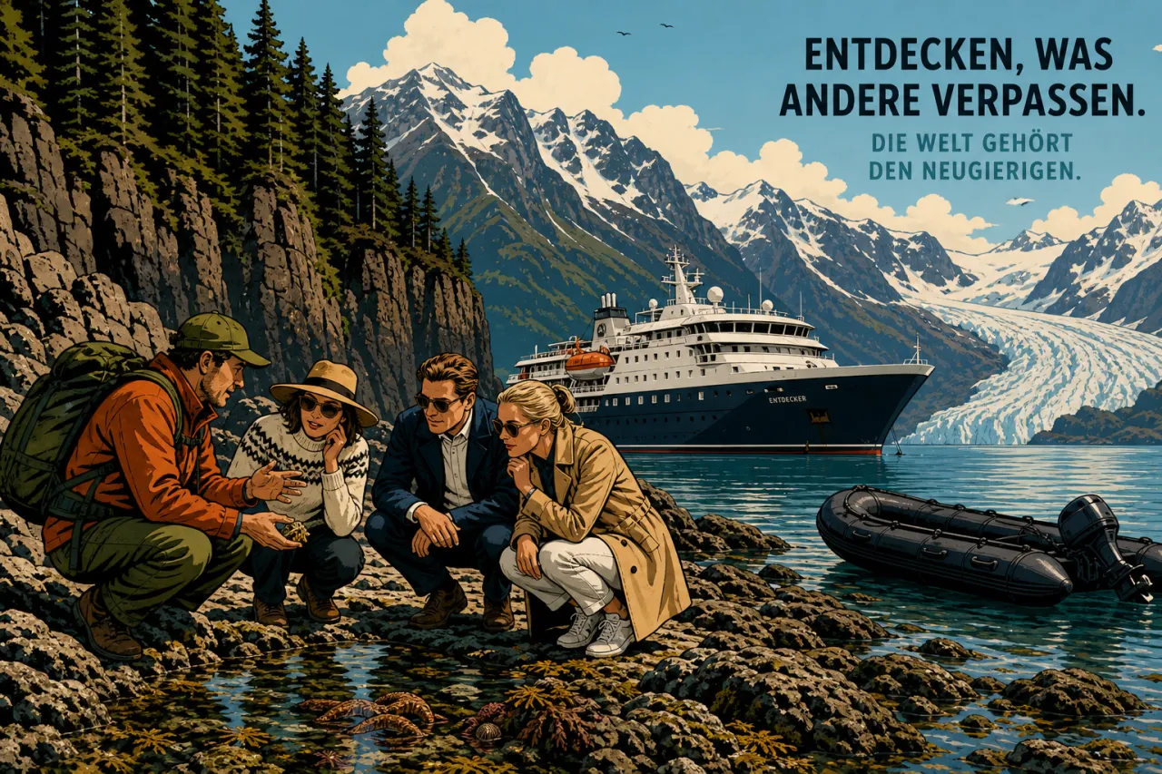 Illustration: Vier Personen sitzen auf felsiger Küste vor schneebedeckten Bergen, Luxusschiff und Schlauchboot im Wasser.
