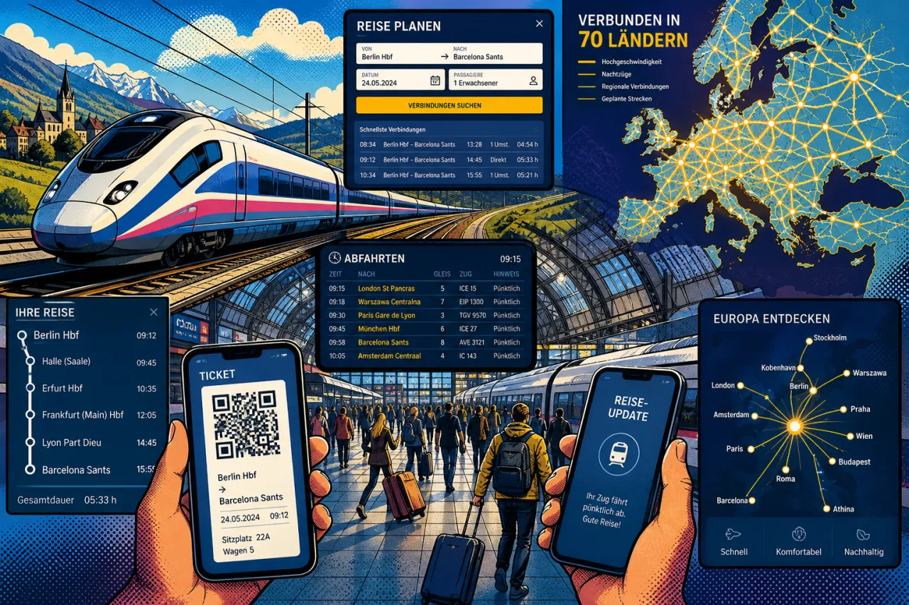 Illustration: Europäische Bahnreiseplattform mit modernem Zug, Buchungsmaske, Bahnhofsszenerie, Ticketcode auf Smartphone und Streckennetz über 70 Ländern