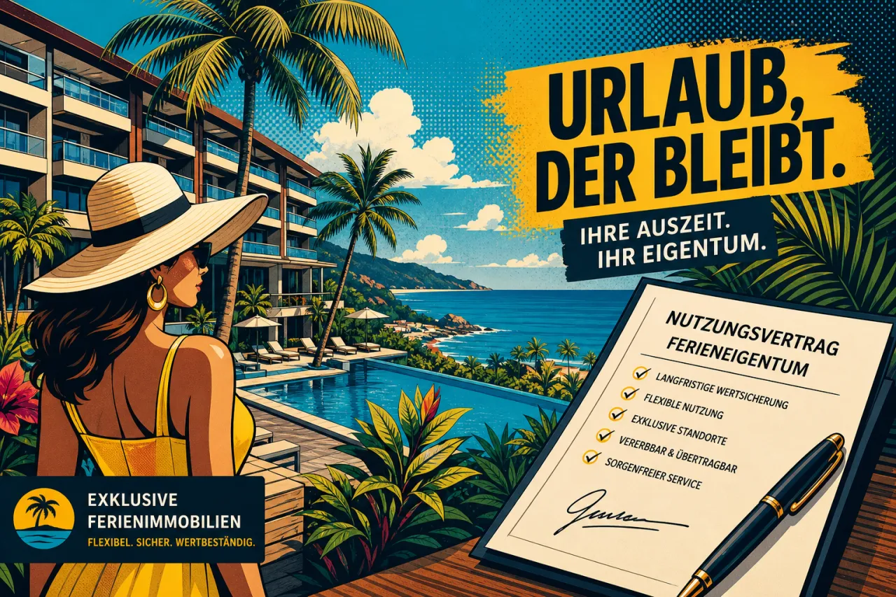 Resort-Anlage an der Küste mit Palmen, Pool und Ferienwohnungen in sonniger Lage