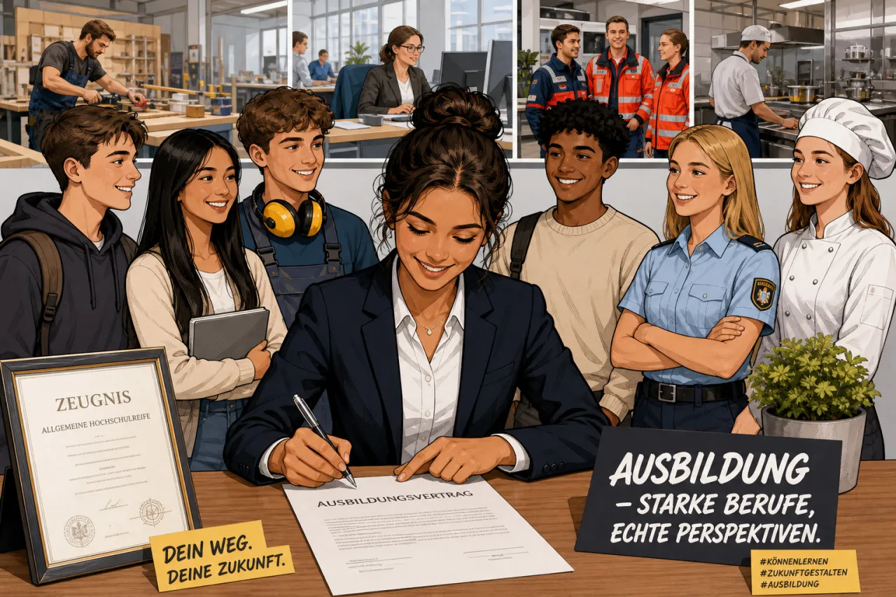 Illustration: Junge Frau in Anzug unterzeichnet Ausbildungsvertrag, umgeben von lächelnden Jugendlichen in verschiedenen Berufskleidungen, im Hintergrund Arbeitsplätze in unterschiedlichen Branchen.