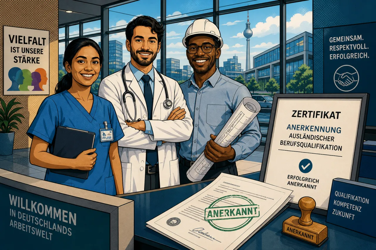 Illustration: Drei Fachleute verschiedener Berufe in modernem Büro mit Berliner Skyline im Hintergrund, umgeben von Anerkennungszertifikaten und Stempel-Dokumenten zur Anerkennung ausländischer Berufsqualifikationen.