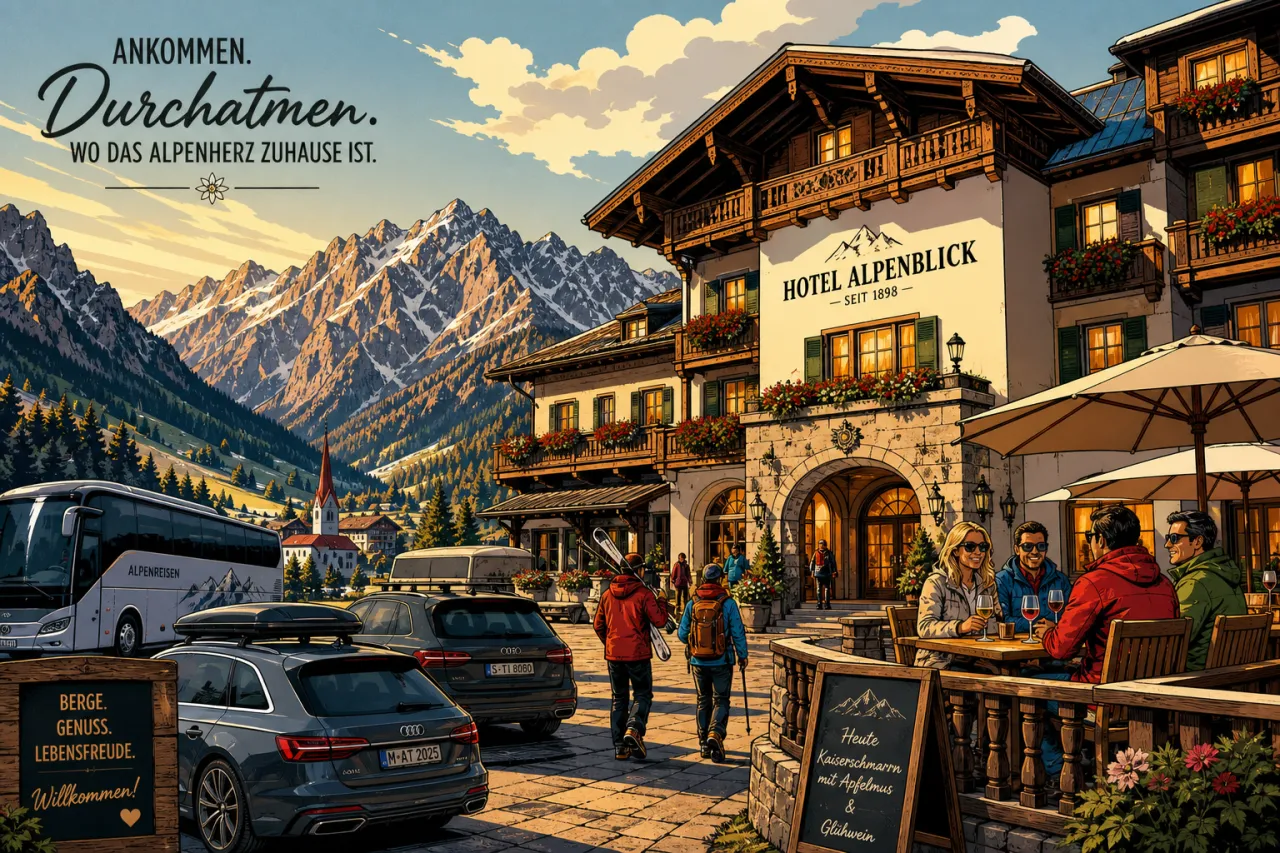 Illustration: Alpenhotel mit Terrasse, Gäste unter Sonnenschirmen, parkende Autos und Reisebus, schneebedeckte Berge im Hintergrund.