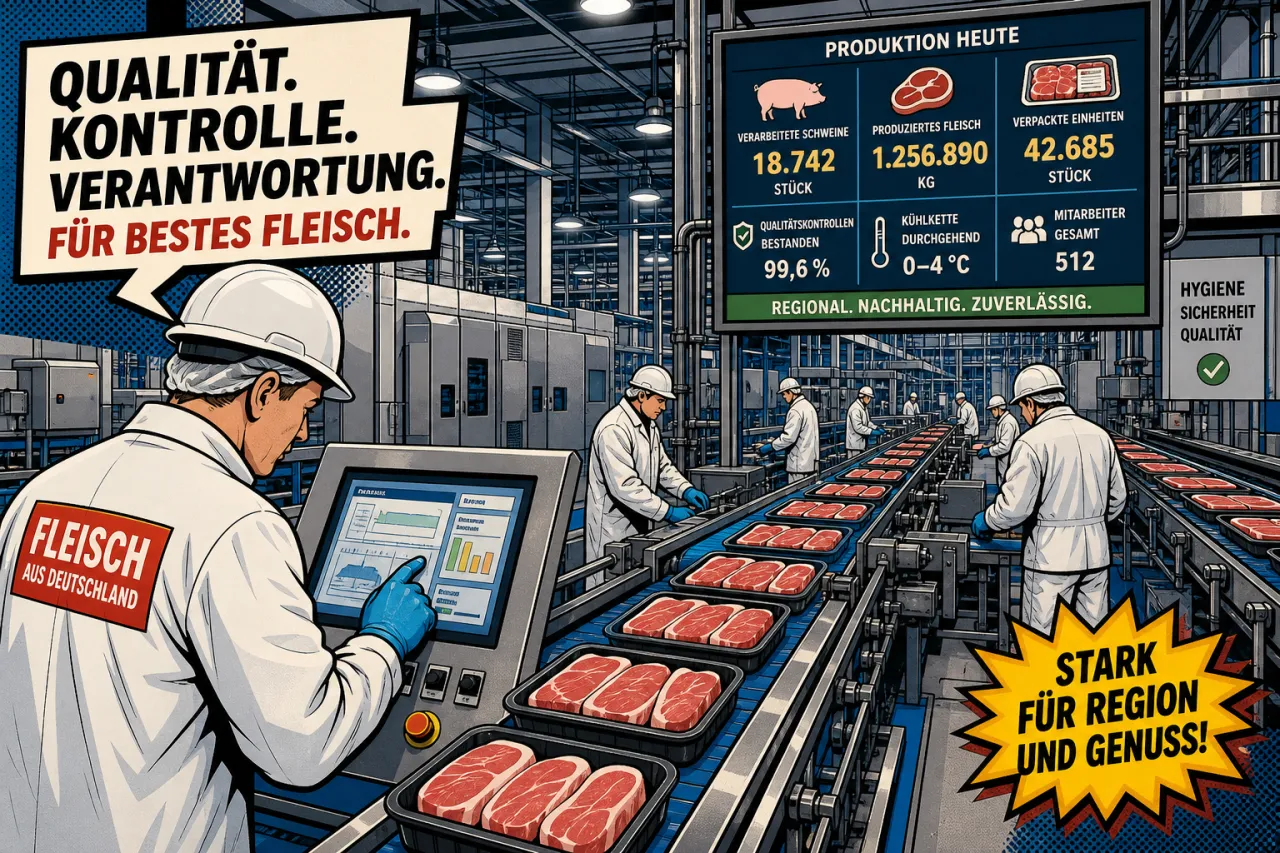 Illustration: Fleischverarbeitungsbetrieb mit Arbeitern in weißer Schutzkleidung und Helmen an Produktionslinie mit Fleischpackungen, Mitarbeiter kontrolliert Daten auf Tablet, Anzeigetafel zeigt Produktionsstatistiken und Qualitätsstandards.