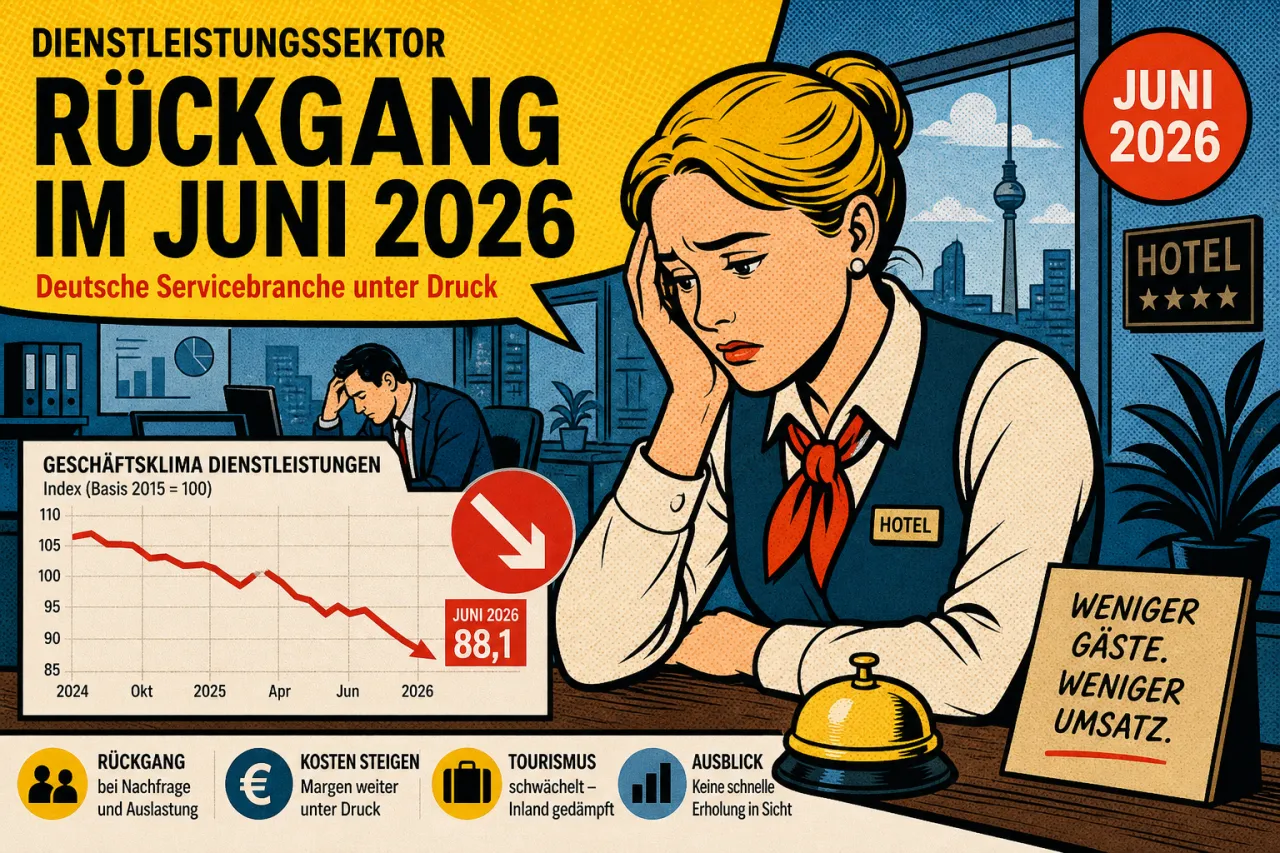 Grafik mit fallendem Trend für den deutschen Dienstleistungsumsatz im Juni 2026
