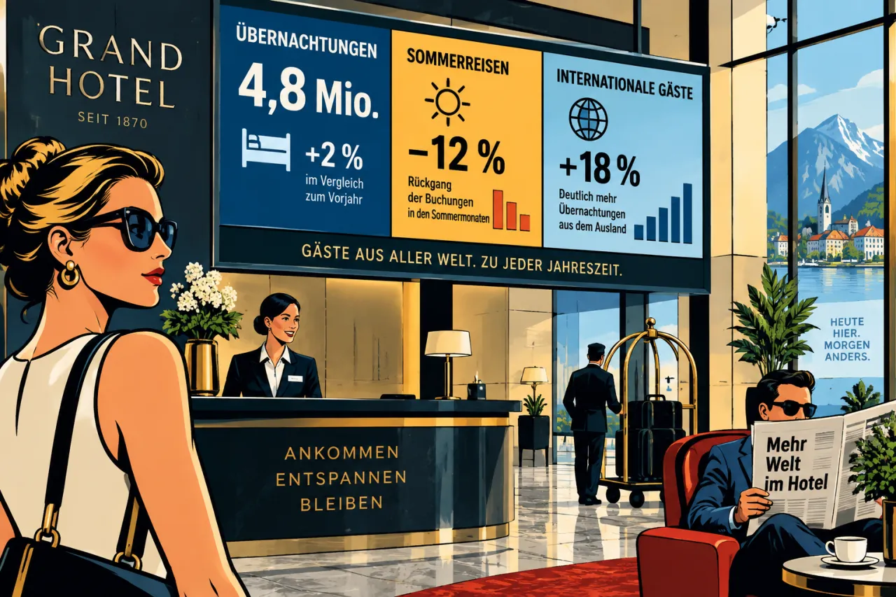 Leere Hotelrezeption mit Koffer, Schlüsselkarte und Blick auf eine Ankunftsanzeige