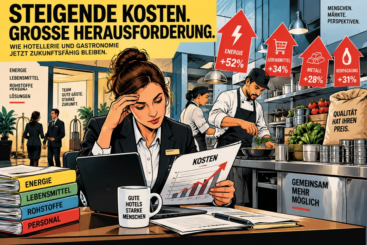 Betriebsküche mit laufender Edelstahl-Ausstattung, steigende Kosten im Hintergrund