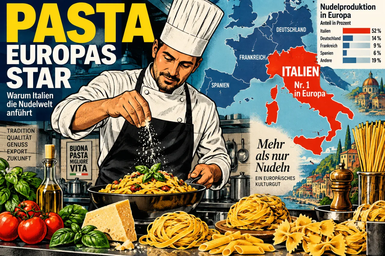 Pasta auf einem Tisch mit Spaghetti, Fusilli und Penne in Schalen