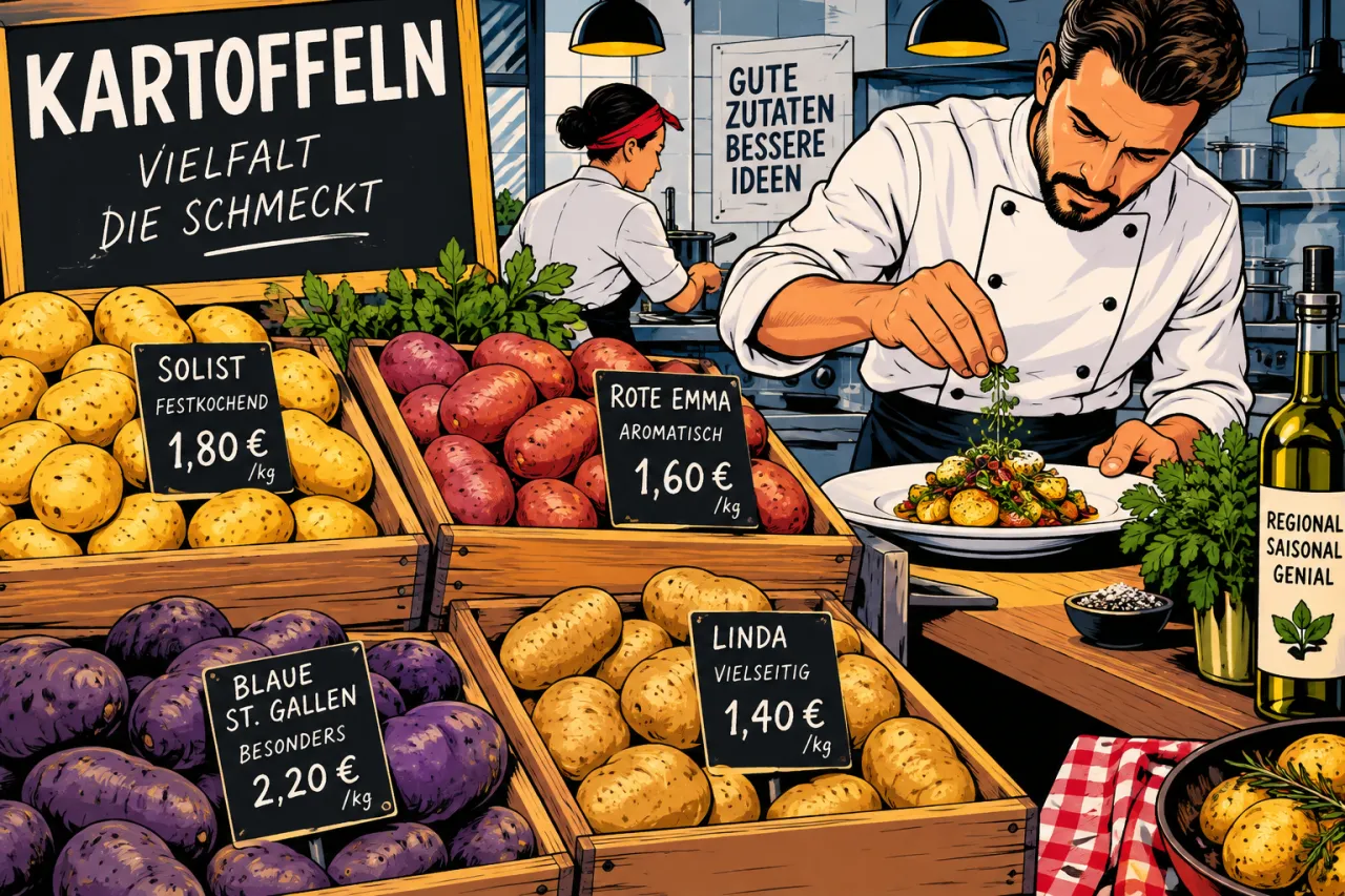 Kartoffeln in einer Holzkiste neben Preisschildern auf einem Marktstand