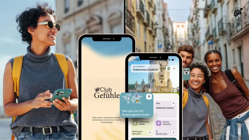 Junge Reisende tauschen sich vor einer Gruppenreise am Smartphone aus
