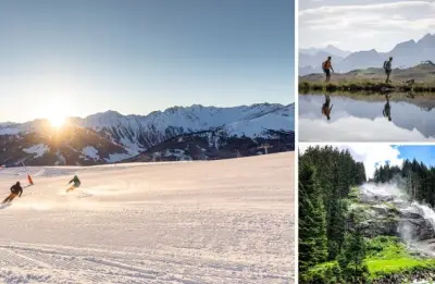 Almwiesen, Berggipfel und ein klarer See im Zillertal in Tirol
