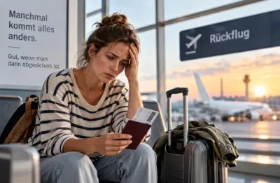 Reisender mit Koffer am Flughafen und Telefon in der Hand vor ungeplanter Heimreise